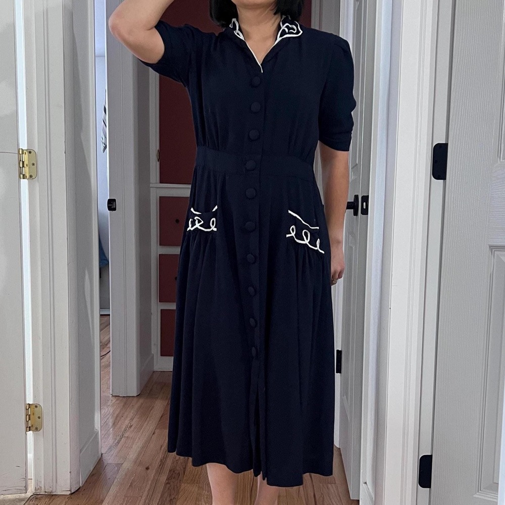 vtg 80s does‎ 40s Karin Stevens navy blue midi shirt dress size 6 white trim